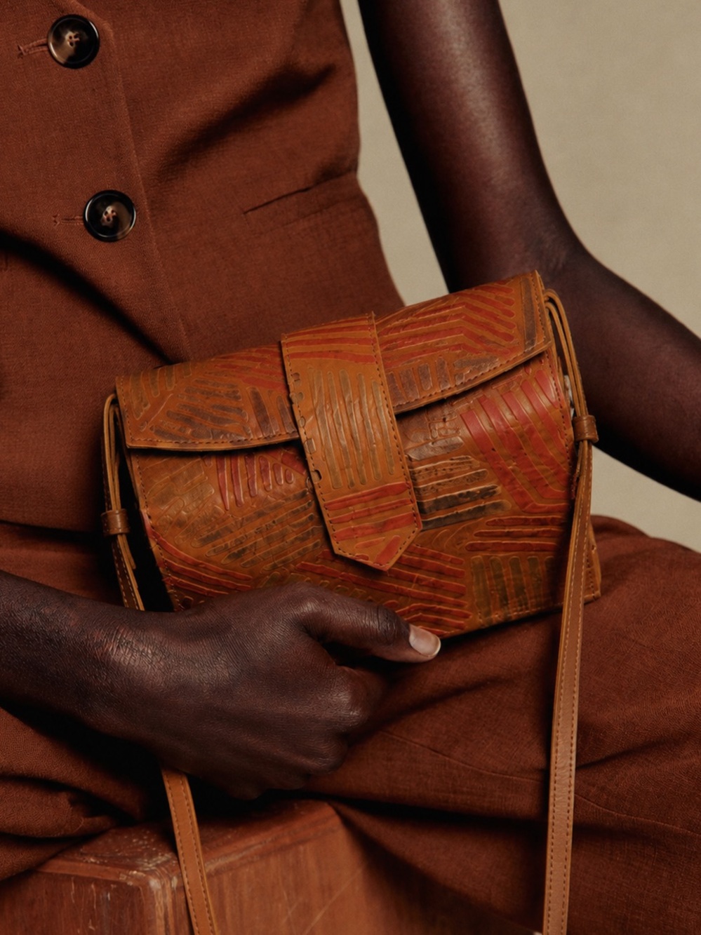 Vintage Handcrafted 100% Leather Crossbody Bag | Tooled Geometric Pattern